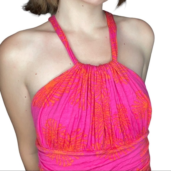 RACHEL Pally Pink And Orange Floral Hawaiian Halter Neck Adjustable Mini Dress - Picture 3 of 6
